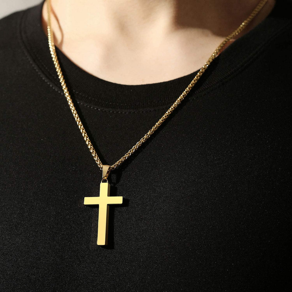 Gold Cross Necklaces for Men Boys Stainless Steel Cross Pendant Chain Catholic Religious Christian Birthday Valentines Day Jewelry Gifts Teen Him Boyfriend Son Dad Adults Male Kids Age Ideas