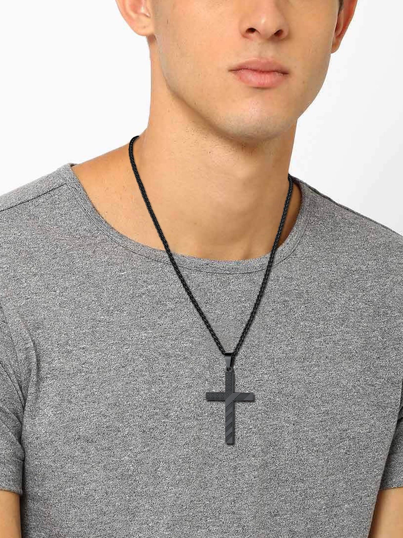 American Flag Cross Pendant Necklace for Men Black Chain Necklace First Communion Religious Jewelry Gifts for Birthday Christmas