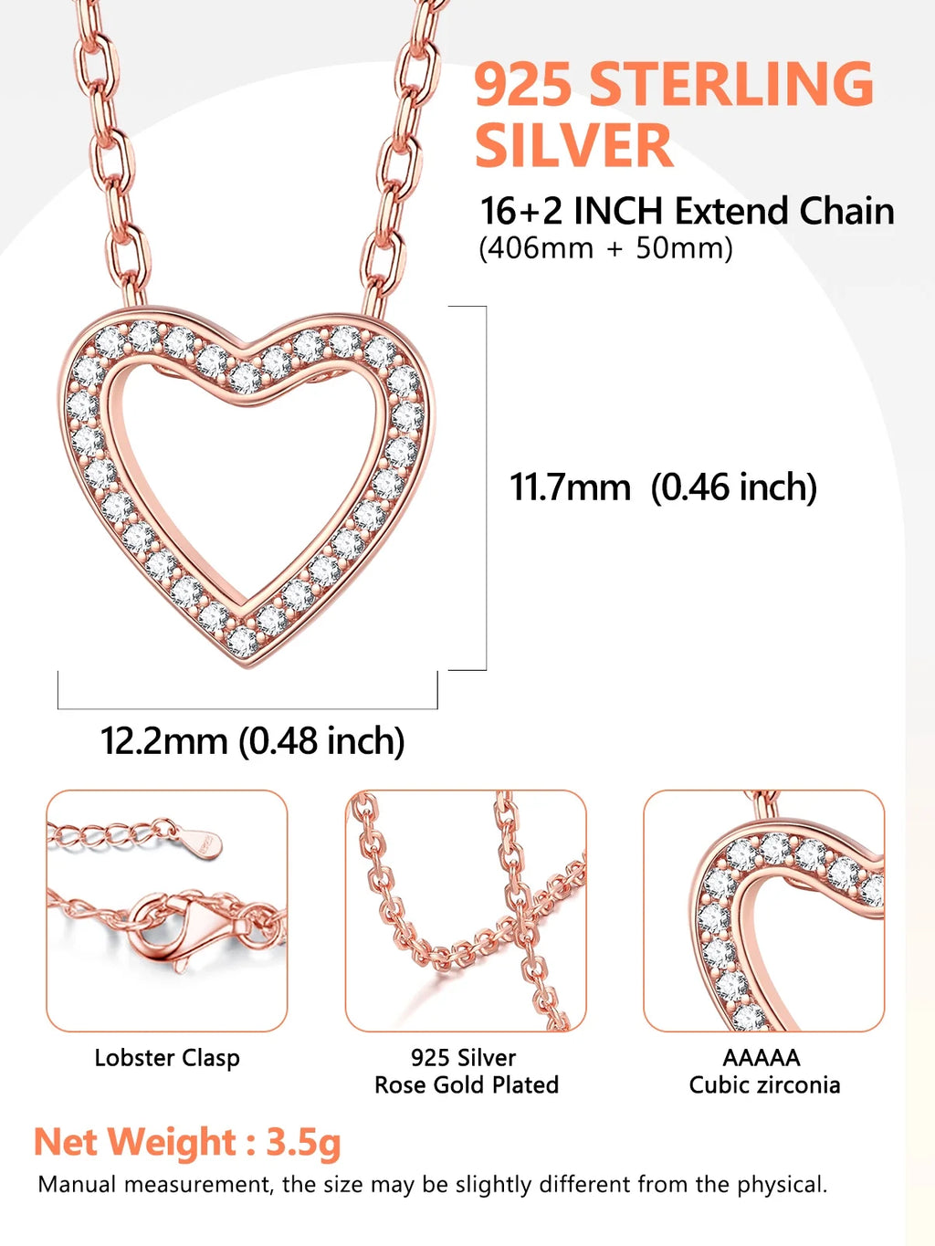 Dainty Cubic Zirconia Necklace for Women Heart Shape Pendant Sterling Silver Jewelry Gifts, Rose Golden