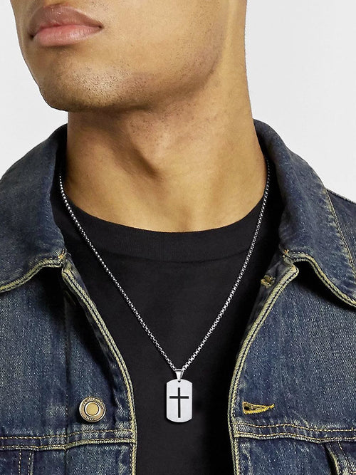 Cross Necklace for Men Stainless Steel Dog Tag Bible Verse Black Pendant Chain Christmas Jewelry Gifts for Son