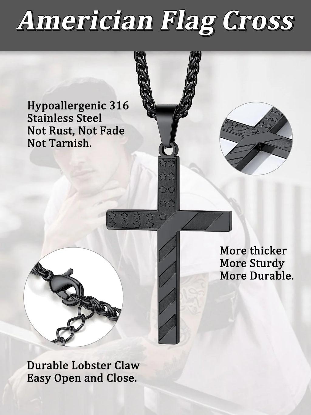 American Flag Cross Pendant Necklace for Men Black Chain Necklace First Communion Religious Jewelry Gifts for Birthday Christmas