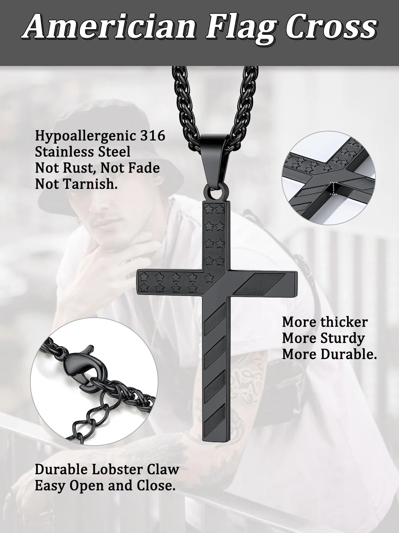 American Flag Cross Pendant Necklace for Men Black Chain Necklace First Communion Religious Jewelry Gifts for Birthday Christmas
