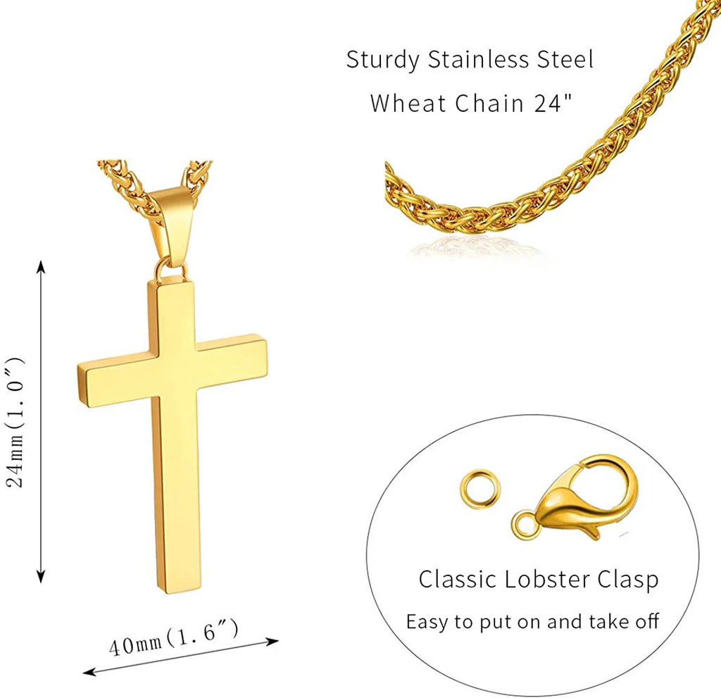 Gold Cross Necklaces for Men Boys Stainless Steel Cross Pendant Chain Catholic Religious Christian Birthday Valentines Day Jewelry Gifts Teen Him Boyfriend Son Dad Adults Male Kids Age Ideas