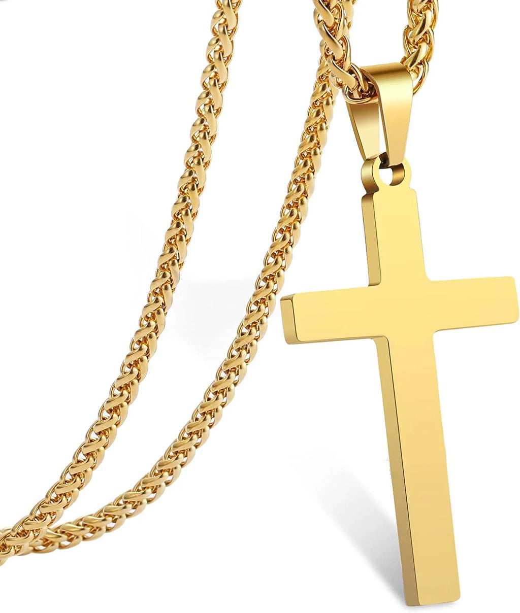 Gold Cross Necklaces for Men Boys Stainless Steel Cross Pendant Chain Catholic Religious Christian Birthday Valentines Day Jewelry Gifts Teen Him Boyfriend Son Dad Adults Male Kids Age Ideas