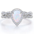 1.5 Carat Pear Cut Lab Created Opal and Moissanite Vintage Engagement Ring - Halo Pave Bridal Set in 18K White Gold Plating for Women