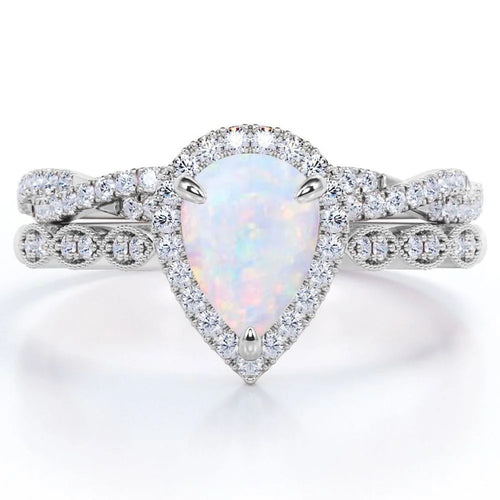 1.5 Carat Pear Cut Lab Created Opal and Moissanite Vintage Engagement Ring - Halo Pave Bridal Set in 18K White Gold Plating for Women
