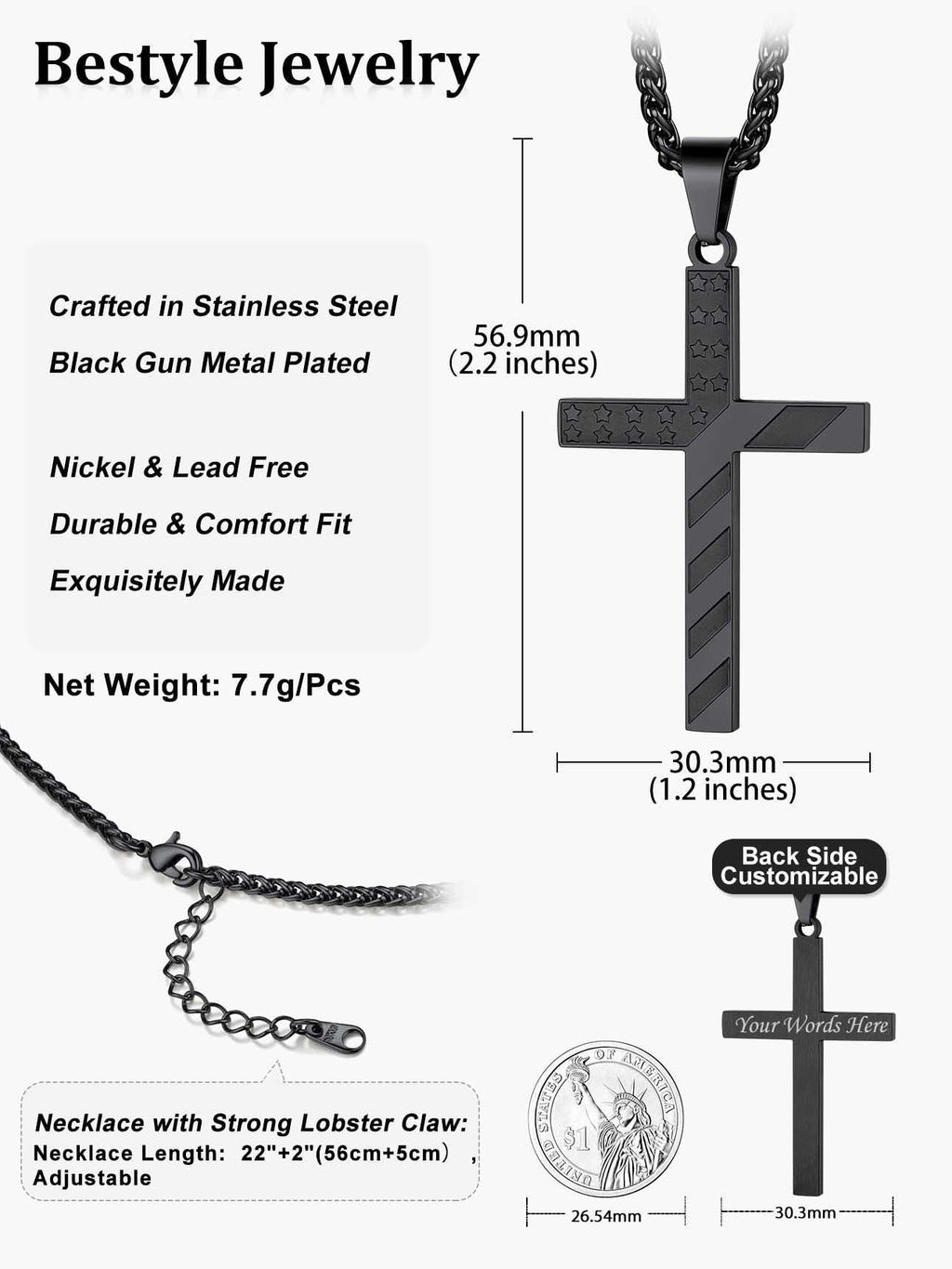 American Flag Cross Pendant Necklace for Men Black Chain Necklace First Communion Religious Jewelry Gifts for Birthday Christmas