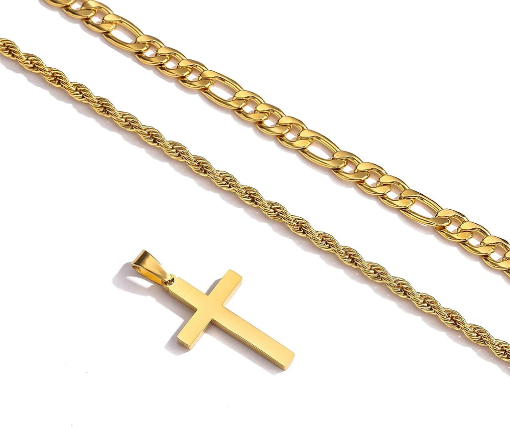 Layered Gold Cross Necklaces for Men Boys Stainless Steel Figaro Twist Rope Pendant Chain Set Religious Christian Birthday Valentines Day Jewelry Gifts Him Teen Dad Husband Adults Kids Ideas