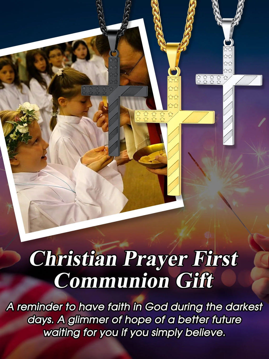 American Flag Cross Pendant Necklace for Men Black Chain Necklace First Communion Religious Jewelry Gifts for Birthday Christmas