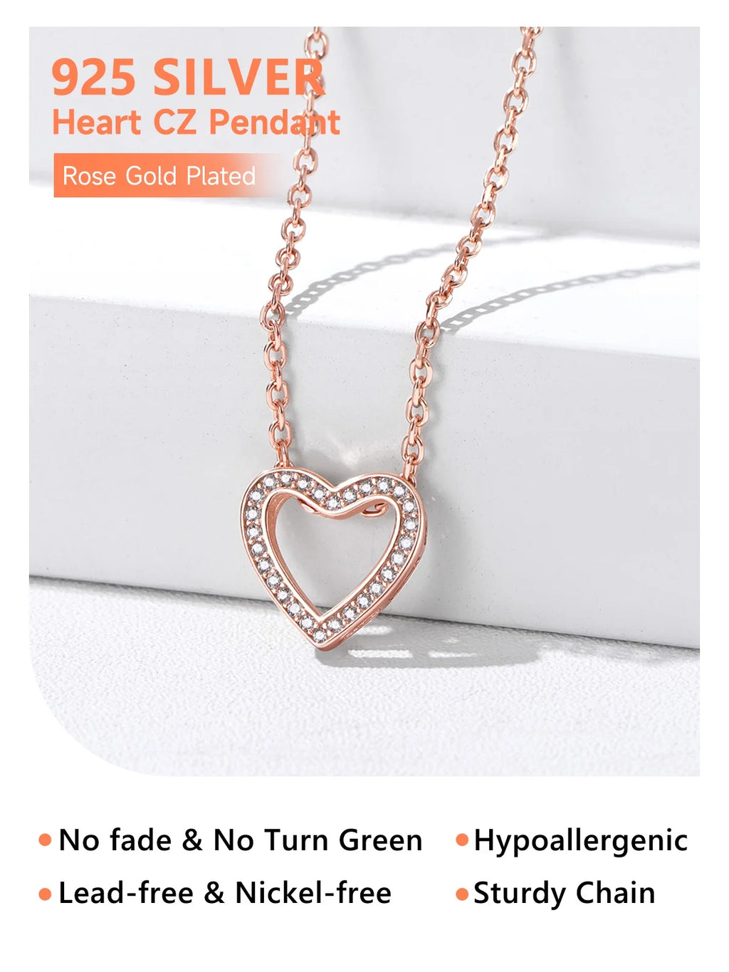Dainty Cubic Zirconia Necklace for Women Heart Shape Pendant Sterling Silver Jewelry Gifts, Rose Golden